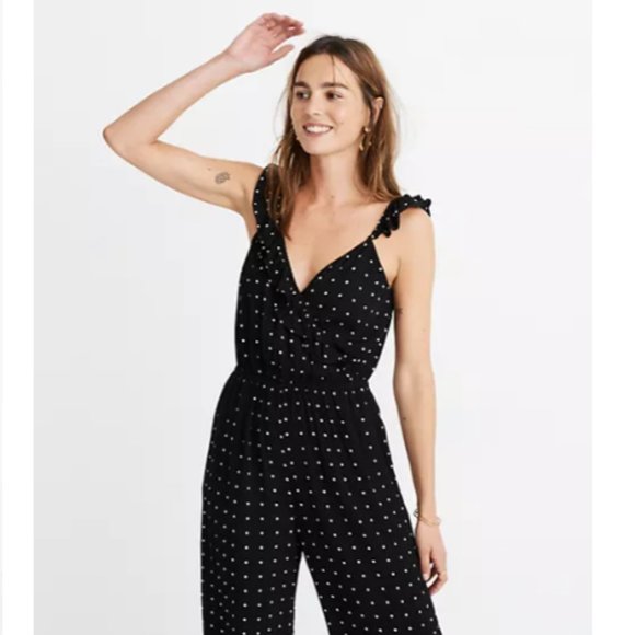 Madewell Ruffle-Front Wrap Jumpsuit in Grid Dot - Picture 1 of 8